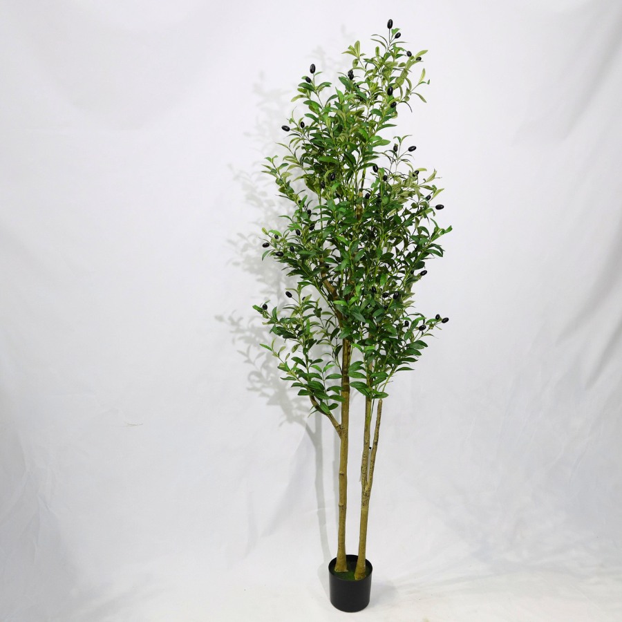 Olivo Artificiale Alto 180cm con Doppio Tronco e Frutti Finti Lussureggianti, Pianta Finta Verde in Vaso per Decorazione Casa Natale