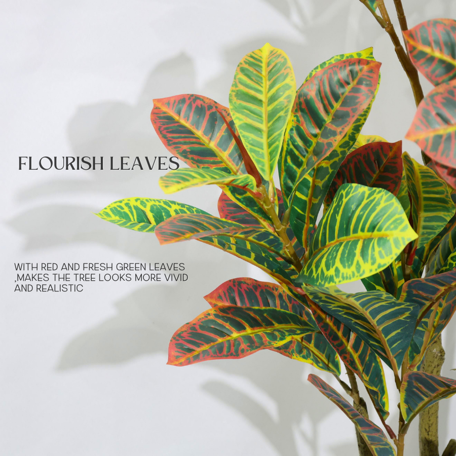 Ficus Pandurata (Croton) Artificiale 160cm con Foglie Variegate, Albero Finta in Vaso per Decorazione Casa e Negozio Natale