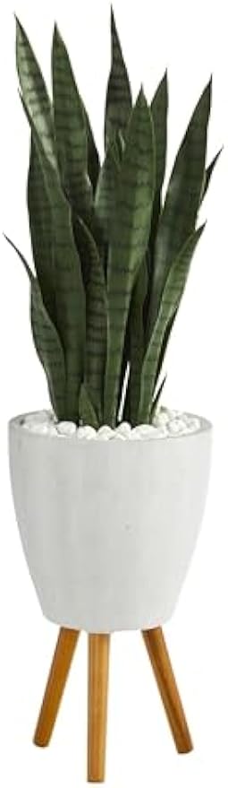 4-ft Artificial Snake Plant for Indoor Home Decor, White Decorative Planter with Stand, Mid Century Modern Design Sansevieria, 48-in Fa