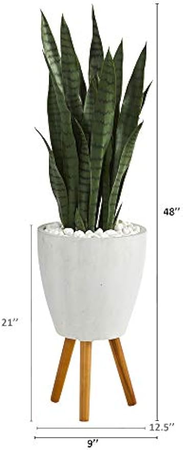4-ft Artificial Snake Plant for Indoor Home Decor, White Decorative Planter with Stand, Mid Century Modern Design Sansevieria, 48-in Fa