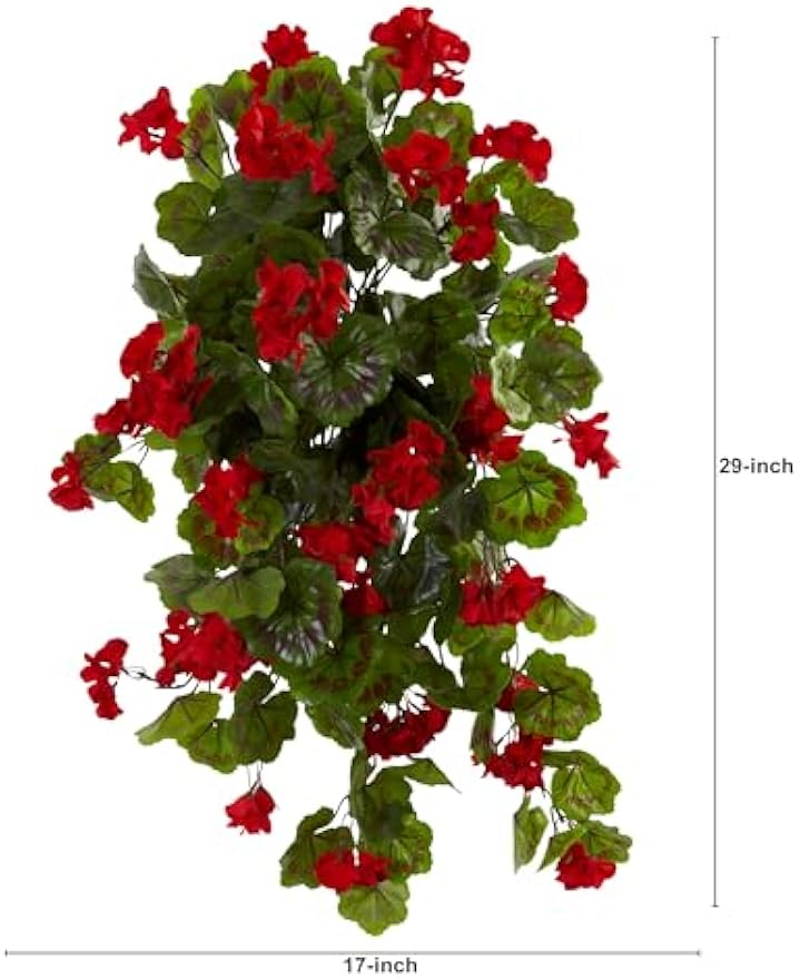 29in. UV Resistant Geranium Artificial Hanging Plant, Red Flowers with Green Foliage, Indoor/Outdoor Decor, Set of 2 - Lifelike Home an