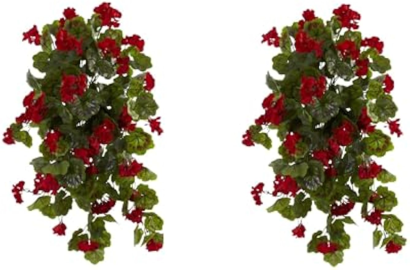 29in. UV Resistant Geranium Artificial Hanging Plant, Red Flowers with Green Foliage, Indoor/Outdoor Decor, Set of 2 - Lifelike Home an