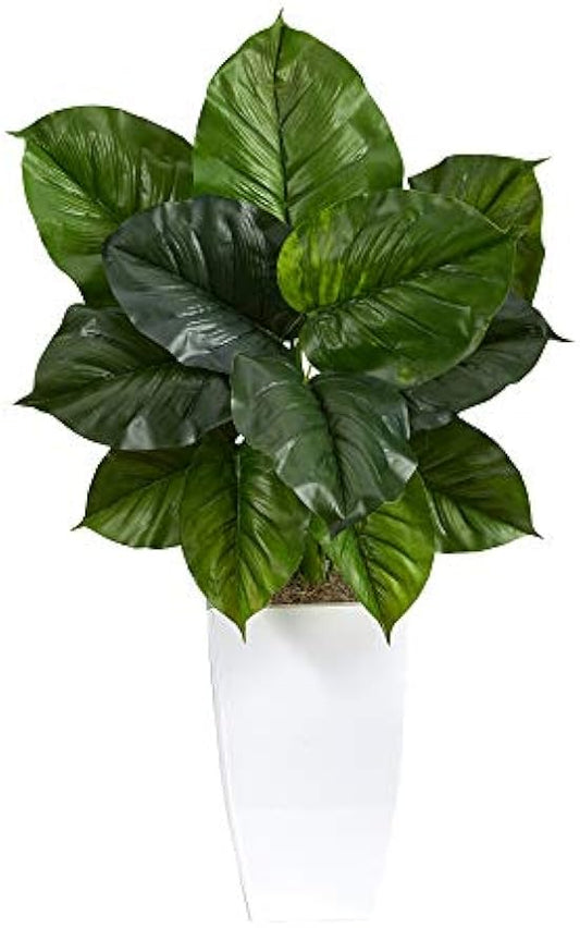 Nearly Natural 34in. Large Philodendron Leaf Artificial Plant in White Metal Planter