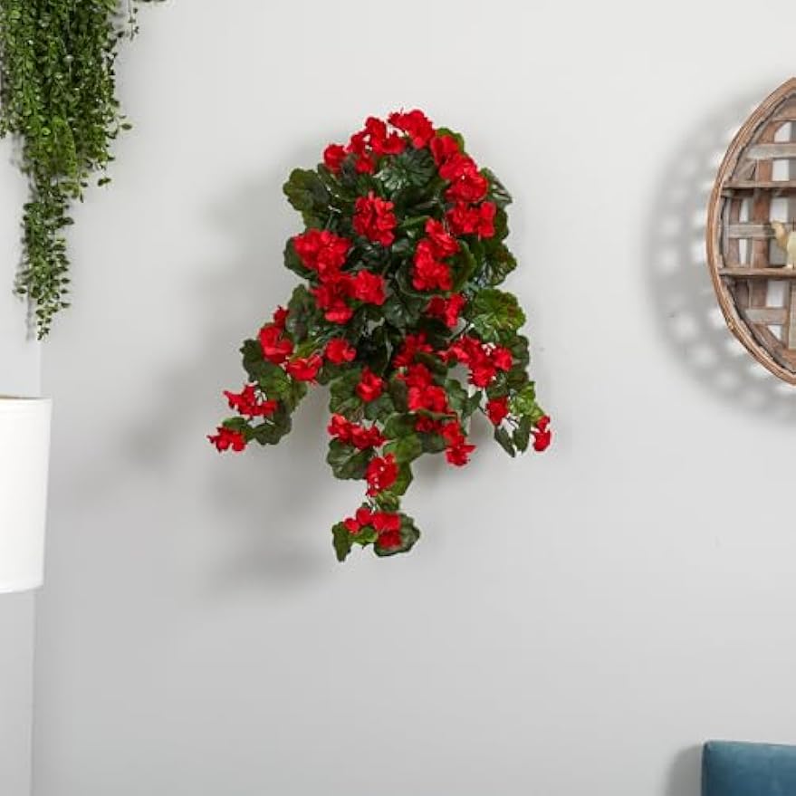 29in. UV Resistant Geranium Artificial Hanging Plant, Red Flowers with Green Foliage, Indoor/Outdoor Decor, Set of 2 - Lifelike Home an