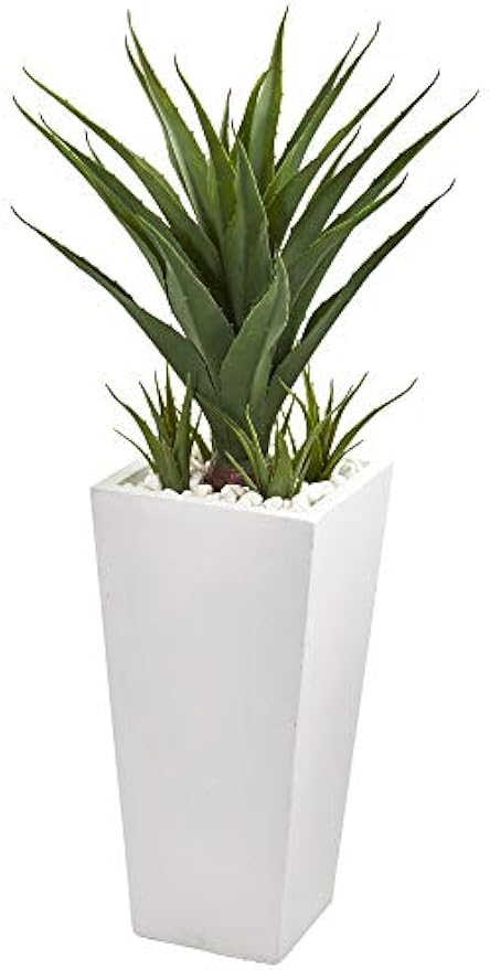 40” Spiky Agave Artificial White Planter Silk Plants, Green, 16x16x40