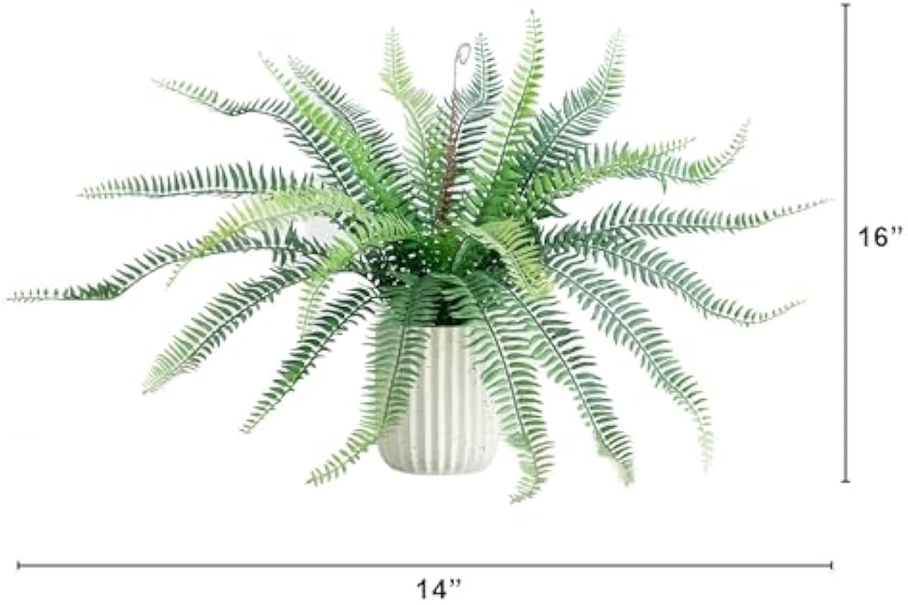 16-Inch Artificial Boston Fern Plant – Lifelike Greenery in Textured Cement Planter