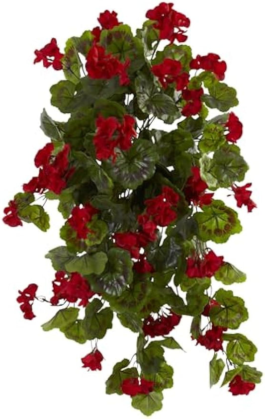 29in. UV Resistant Geranium Artificial Hanging Plant, Red Flowers with Green Foliage, Indoor/Outdoor Decor, Set of 2 - Lifelike Home an