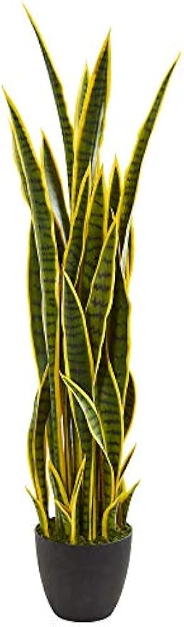 4-ft Artificial Tall Snake Plant Sansevieria, Yellow Faux Snake Plant for Indoor Home Decor in Black Decorative Planter, 48-in Large Fa