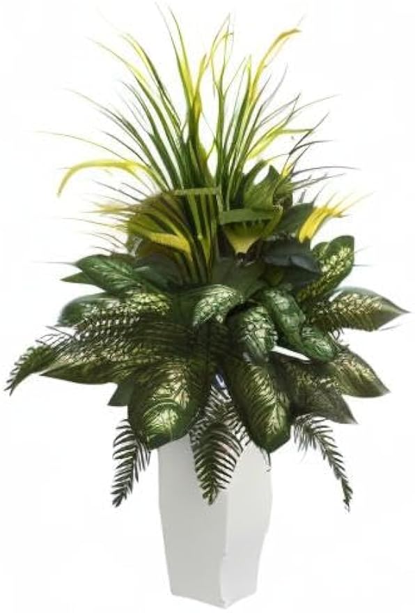 Artificial White Mixed River Fern and Dogtail Plant, Tower Planter, Green,26"Dx26"Wx48"H