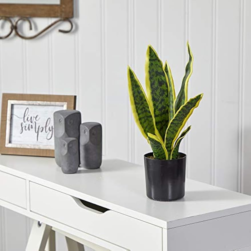 14-in Artificial Tall Snake Plant Sansevieria, Yellow Faux Snake Plant for Indoor Home Decor in Black Nursery Pot, Fake Plant for Offic