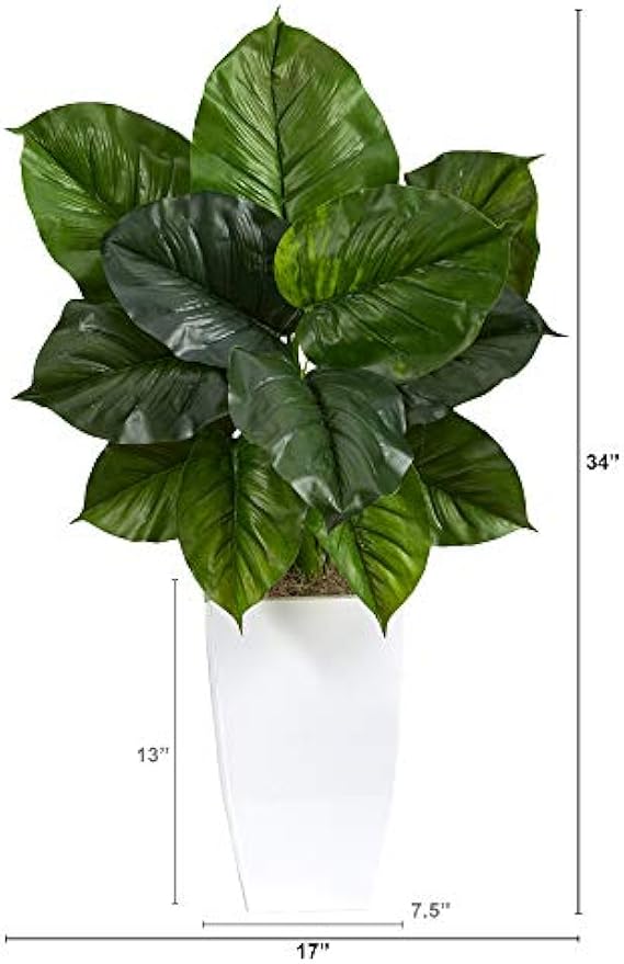 Nearly Natural 34in. Large Philodendron Leaf Artificial Plant in White Metal Planter