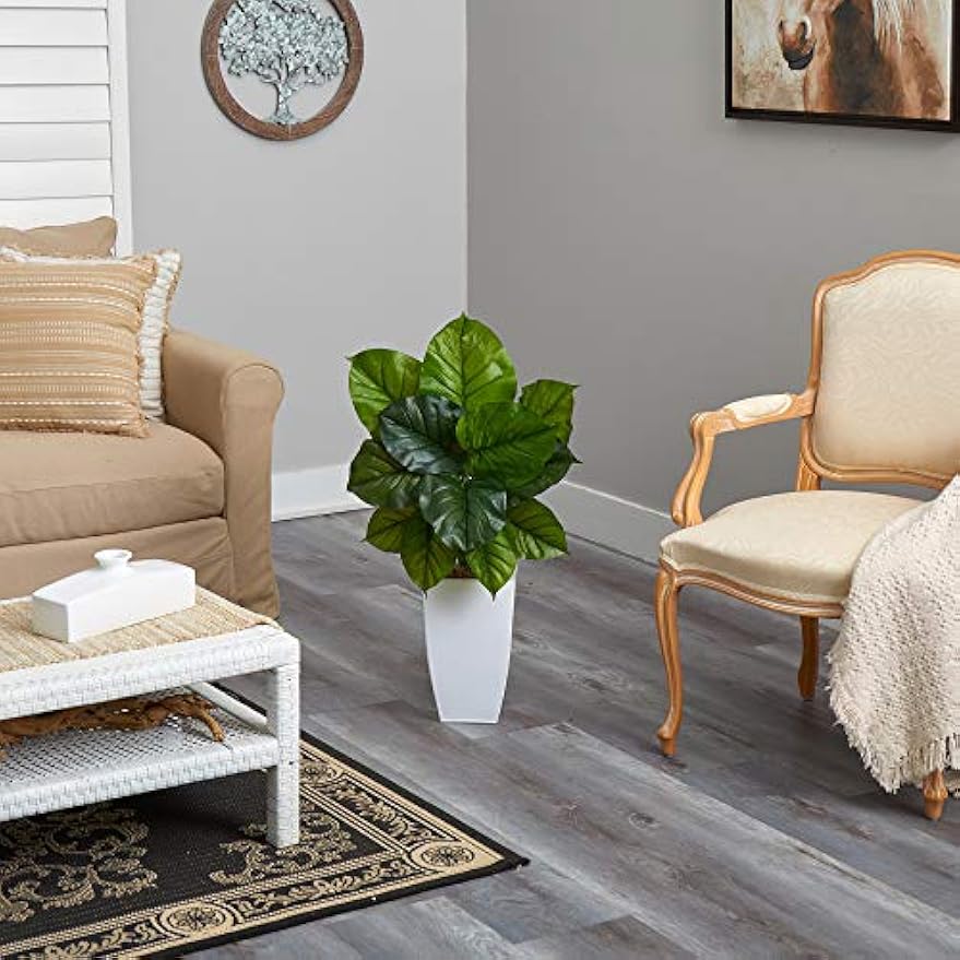 Nearly Natural 34in. Large Philodendron Leaf Artificial Plant in White Metal Planter
