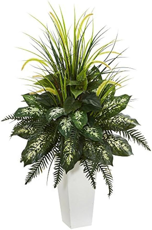 Artificial White Mixed River Fern and Dogtail Plant, Tower Planter, Green,26"Dx26"Wx48"H