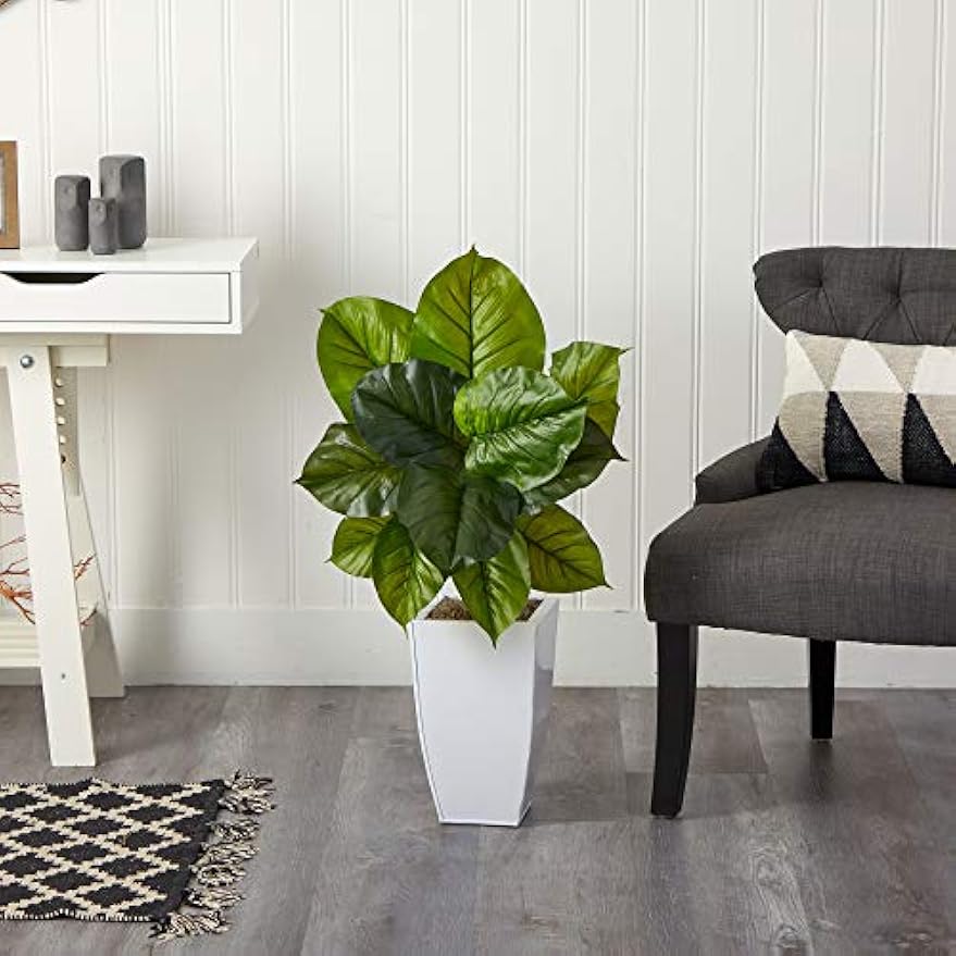 Nearly Natural 34in. Large Philodendron Leaf Artificial Plant in White Metal Planter
