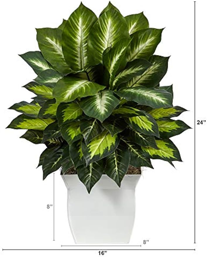 2ft. Golden Dieffenbachia Artificial Plant in White Metal Planter