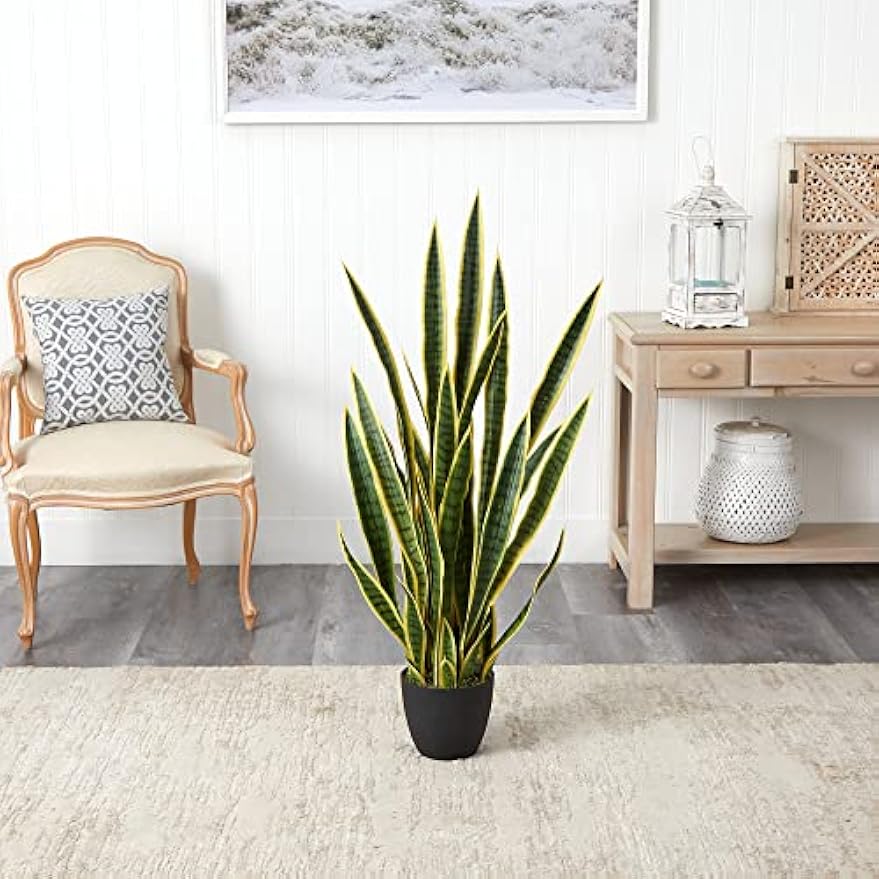 4-ft Artificial Tall Snake Plant Sansevieria, Yellow Faux Snake Plant for Indoor Home Decor in Black Decorative Planter, 48-in Large Fa