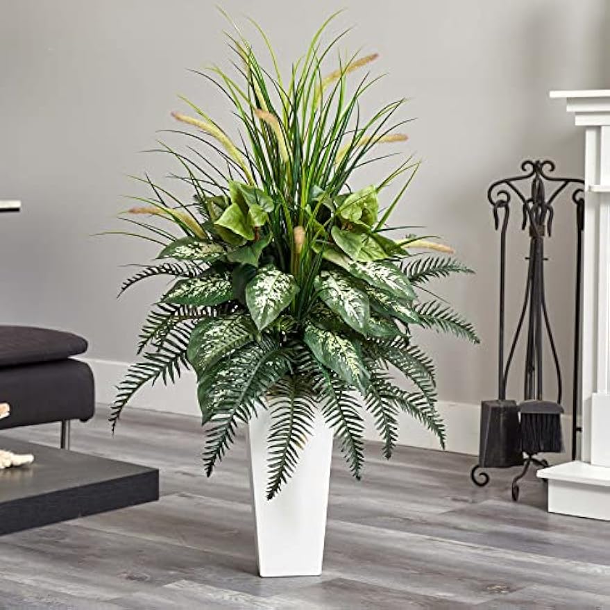 Artificial White Mixed River Fern and Dogtail Plant, Tower Planter, Green,26"Dx26"Wx48"H