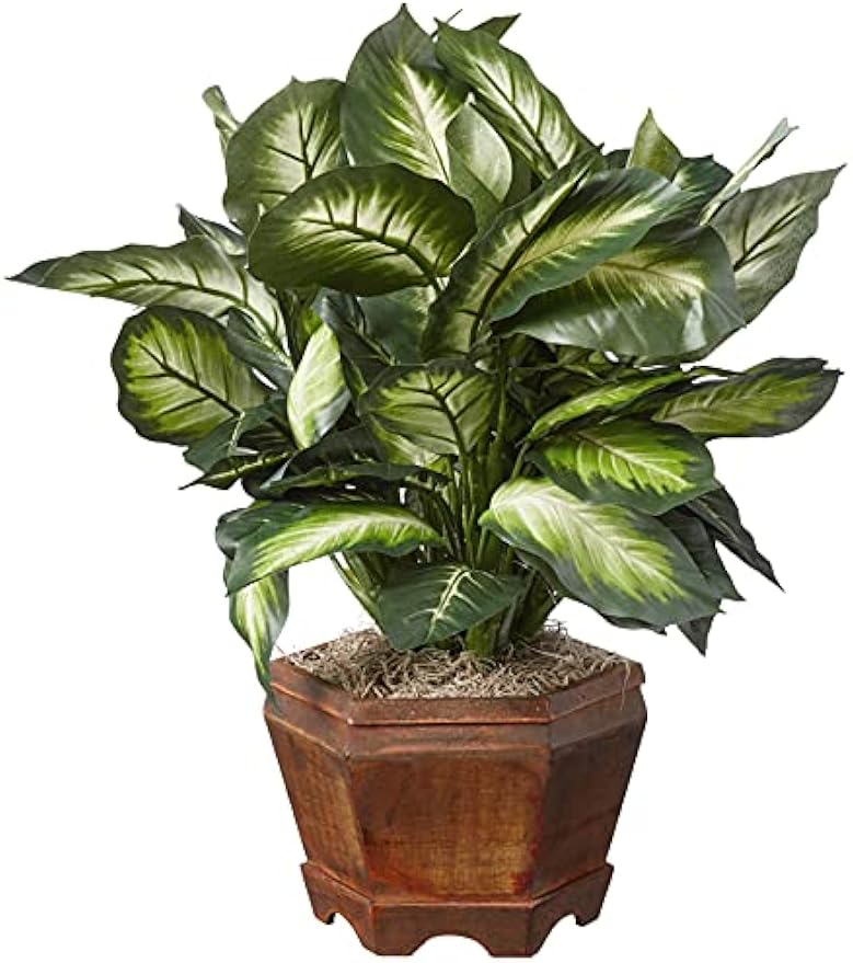 22IN Artificial Triple Golden Dieffenbachia Plant with Decorative Wood Planter, Faux Plant for Indoor Home Décor