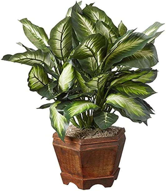 22IN Artificial Triple Golden Dieffenbachia Plant with Decorative Wood Planter, Faux Plant for Indoor Home Décor