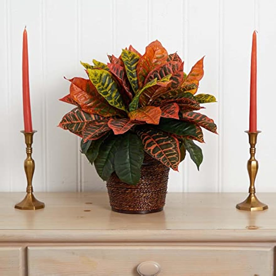 17in. Garden Croton Artificial Plant in Basket (Real Touch)