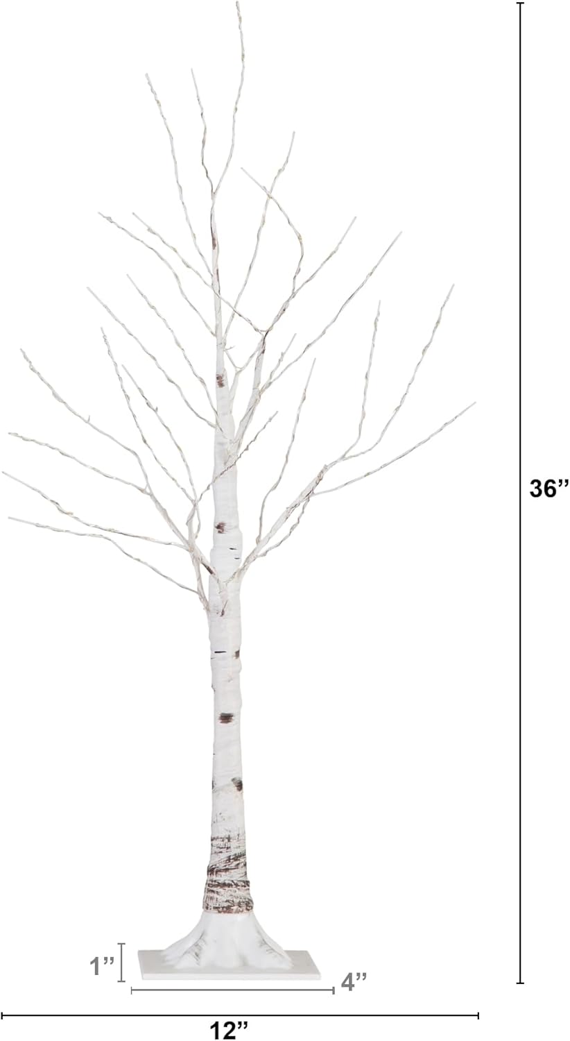 3-FT Pre-lit Artificial White Birch Tree with LED Lights, 120 Warm White LEDs for Indoor Home Décor, Fake Lighted Birch Tree for Winter