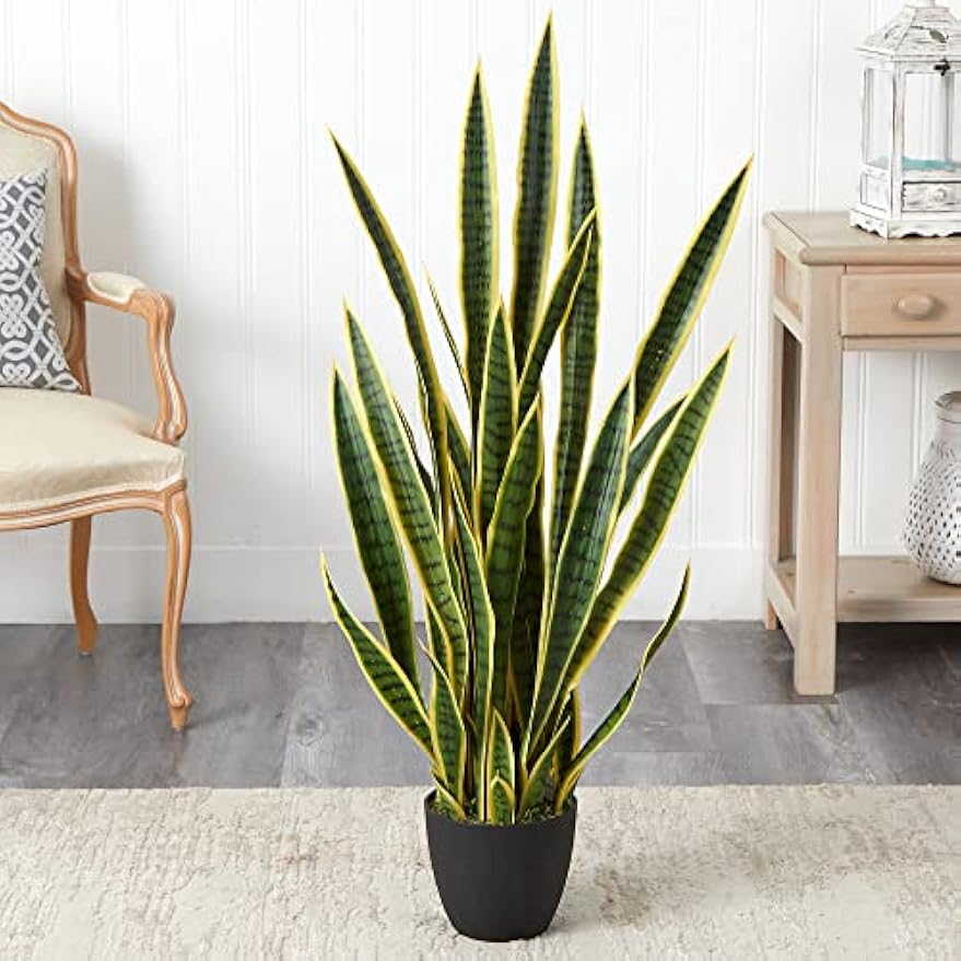 4-ft Artificial Tall Snake Plant Sansevieria, Yellow Faux Snake Plant for Indoor Home Decor in Black Decorative Planter, 48-in Large Fa