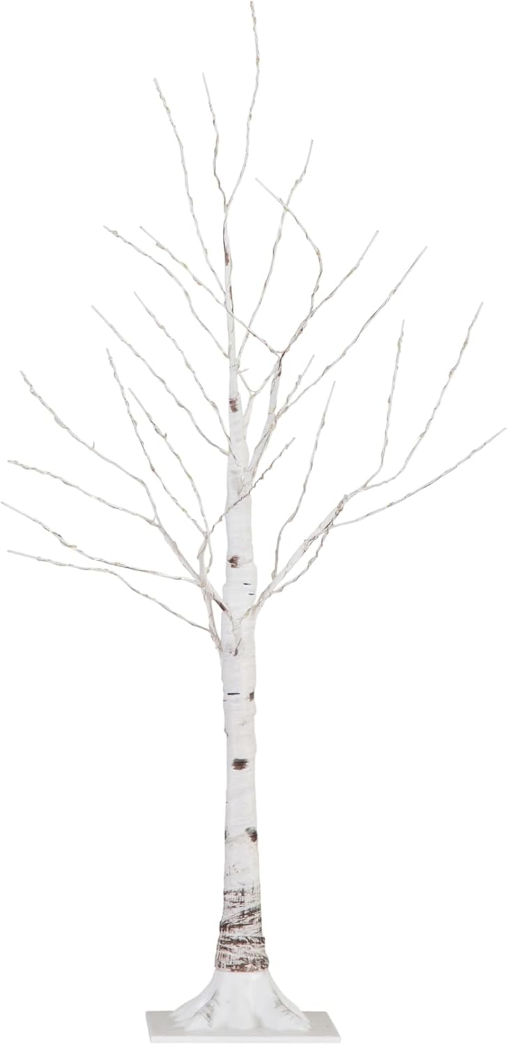 3-FT Pre-lit Artificial White Birch Tree with LED Lights, 120 Warm White LEDs for Indoor Home Décor, Fake Lighted Birch Tree for Winter