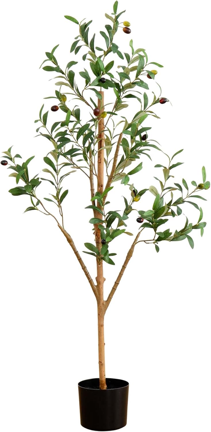 5FT Tall Silk Faux Olive Tree for Home and Office Decor, Fake Potted Tree with Natural Wood Trunk, Realistic Branches and Lifelike Frui No50