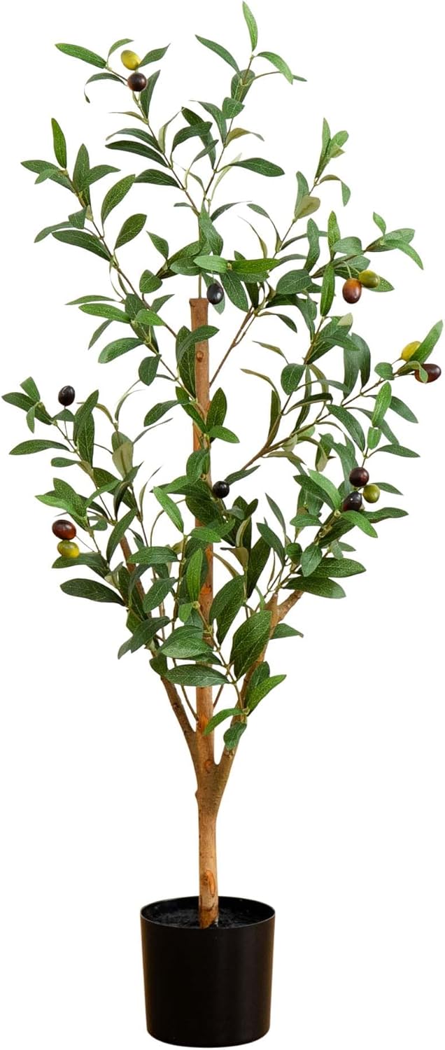 5FT Tall Silk Faux Olive Tree for Home and Office Decor, Fake Potted Tree with Natural Wood Trunk, Realistic Branches and Lifelike Frui No50