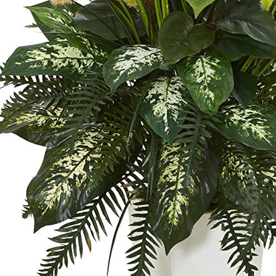 Artificial White Mixed River Fern and Dogtail Plant, Tower Planter, Green,26"Dx26"Wx48"H
