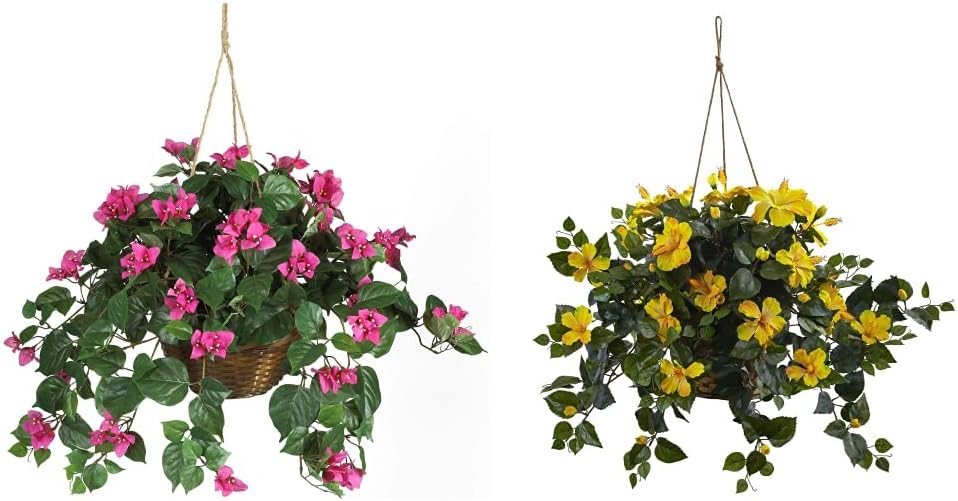 Artificial Bougainvillea Hanging Flower Basket Faux Plant for Indoor Decoration with Brown Wicker Hanging Basket, 32"D x 32"W x 24"H