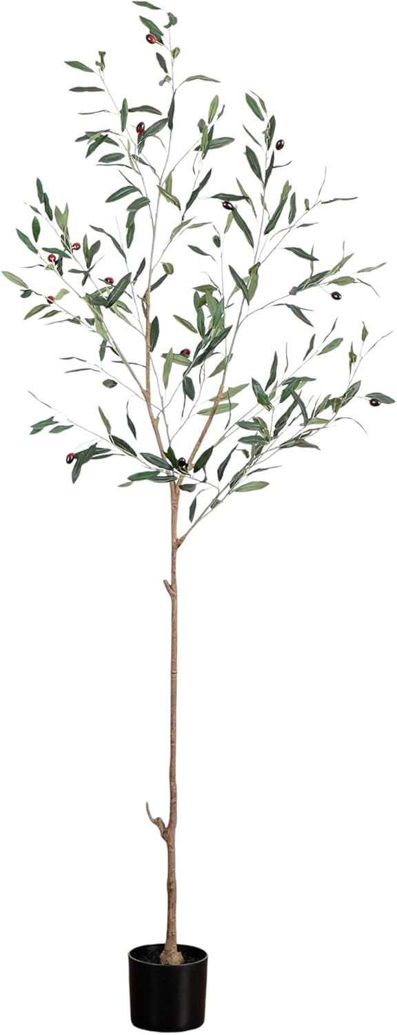 6ft Artificial Olive Tree - Slim Minimalist Design with Lifelike Faux Olives, Flexible Branches, Includes Nursery Planter