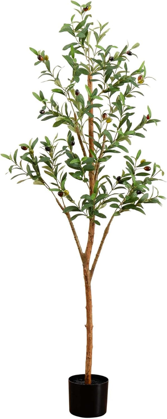 5FT Tall Silk Faux Olive Tree for Home and Office Decor, Fake Potted Tree with Natural Wood Trunk, Realistic Branches and Lifelike Frui No50