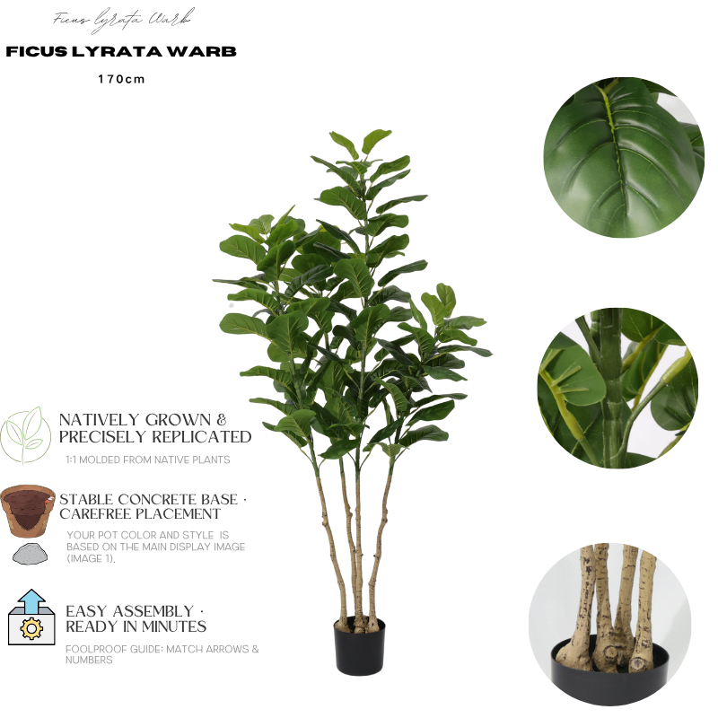 Ficus Lyrata Artificiale 170cm con 4 Tronchi e Grandi Foglie Verdi Scuro, Pianta Finta in Vaso per Decorazione Casa Ufficio Natale