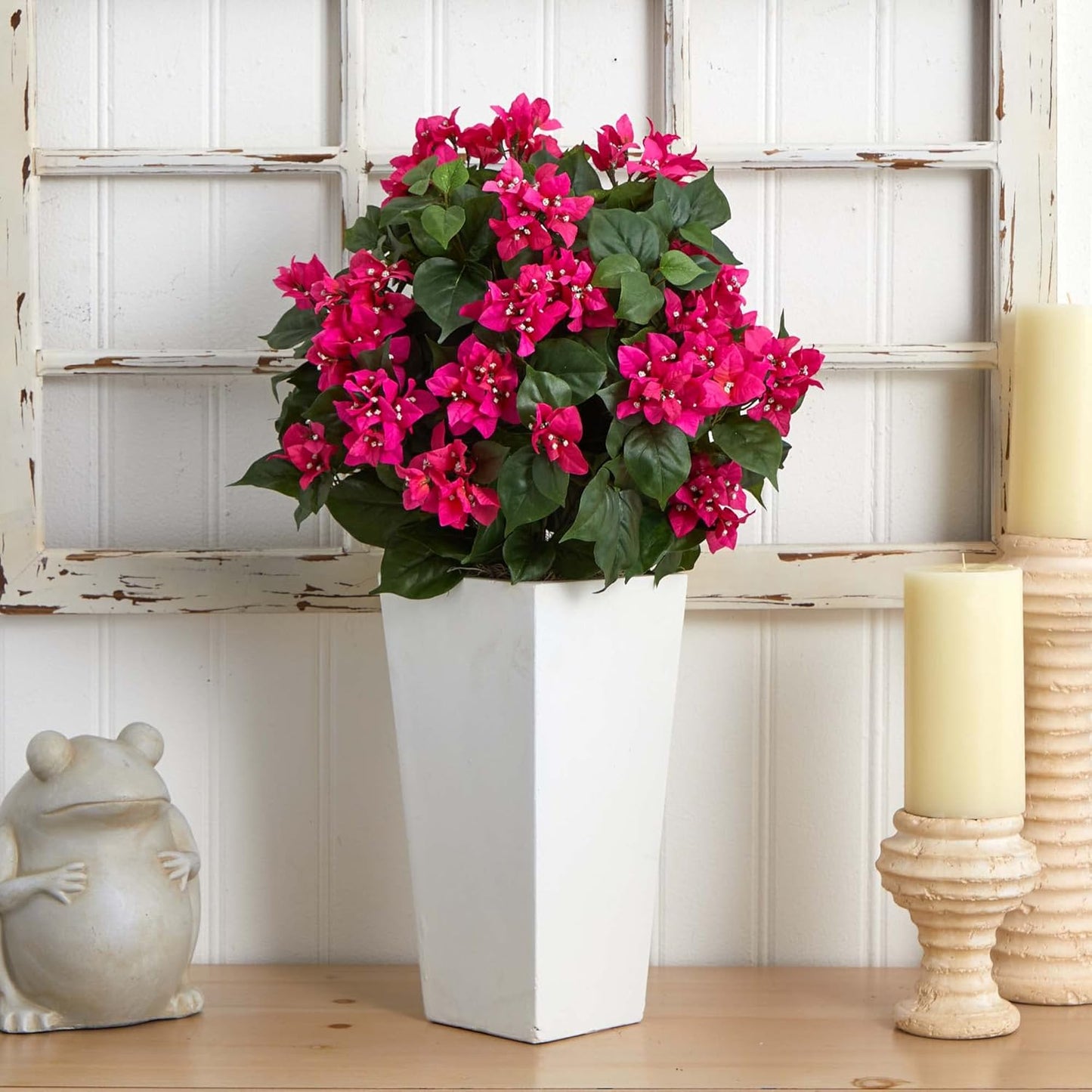 Bougainvillea Artificial Plant in White Tower Planter No50
