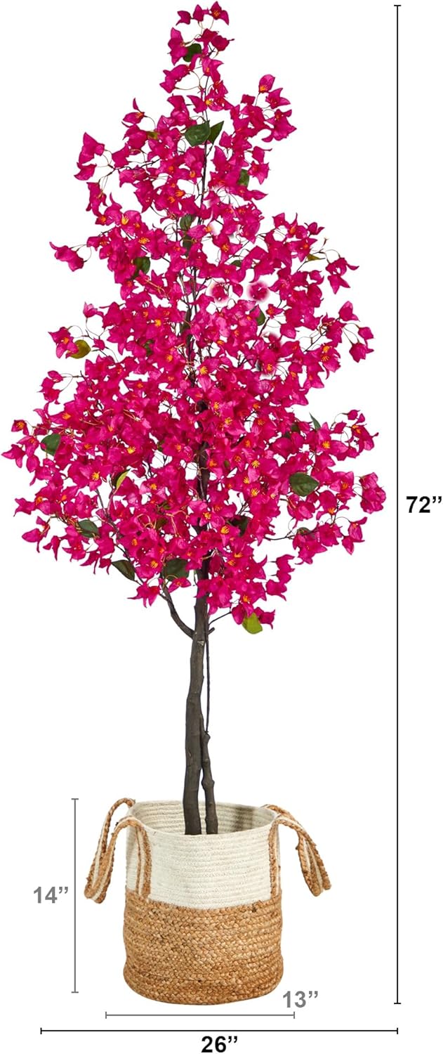 6ft. Pink Artificial Bougainvillea Tree with Handmade Jute & Cotton Basket
