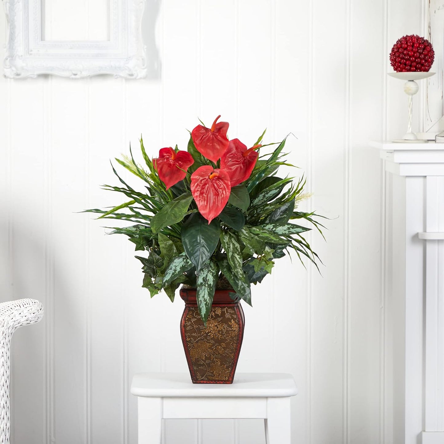 Mixed Greens & Anthurium with Decorative Vase Silk Plant