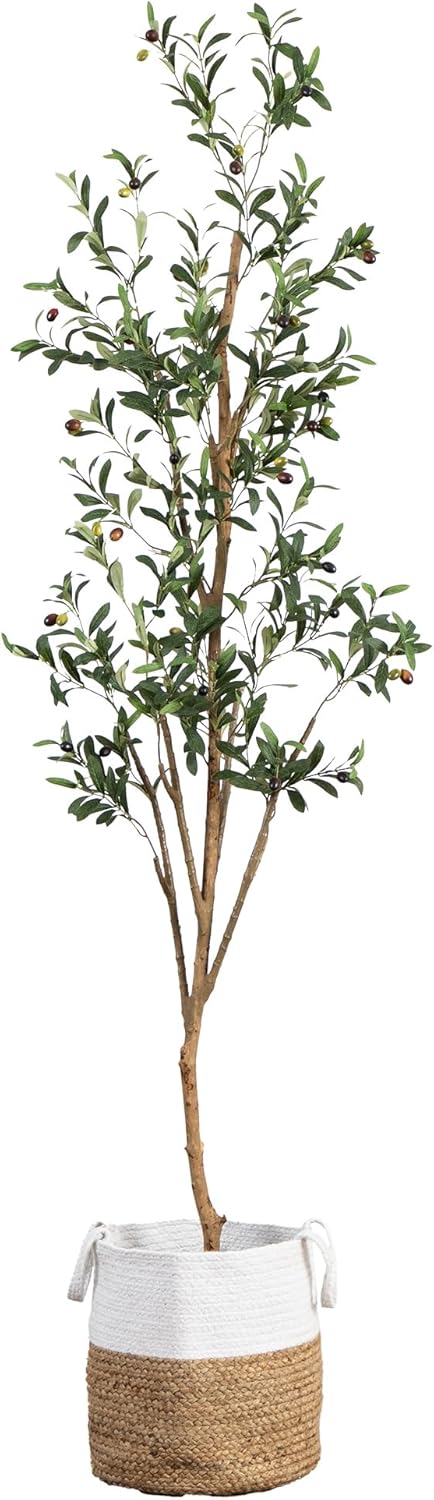 Olive Tree Artificial Indoor 7FT Tall with Jute Basket Planter Fake Olive Tree for Home & Office Decor, Faux Olive Tree with Natural Wo