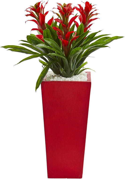 Triple Bromeliad Artificial Plant in Red Planter