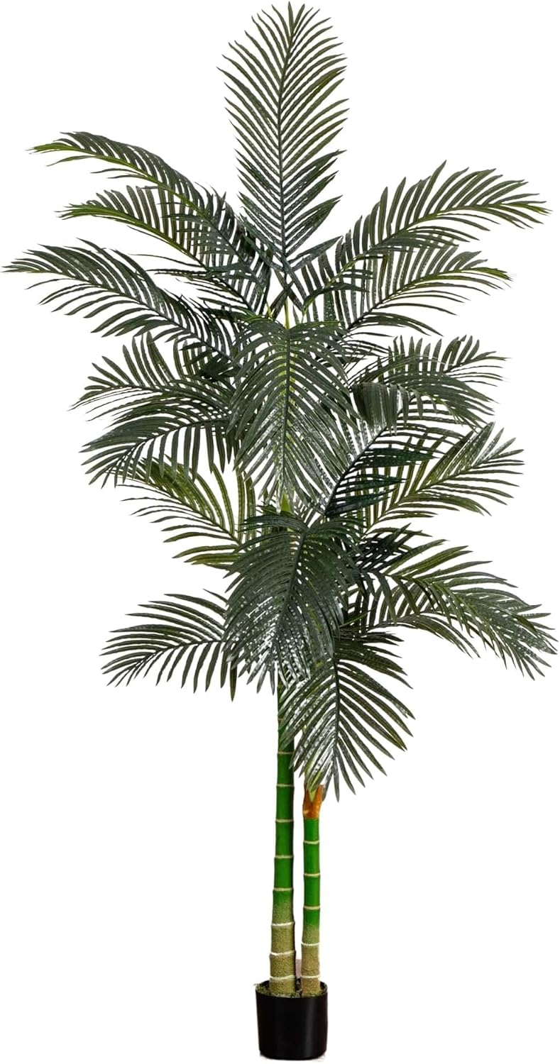 8FT Artificial Golden Cane Palm Tree, Fake Palm Tree with Two Realistic Trunks and Lifelike Palm Leaves, Faux Palm Plant for Indoor Hom