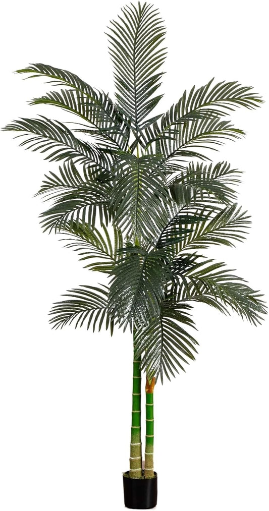 8FT Artificial Golden Cane Palm Tree, Fake Palm Tree with Two Realistic Trunks and Lifelike Palm Leaves, Faux Palm Plant for Indoor Hom