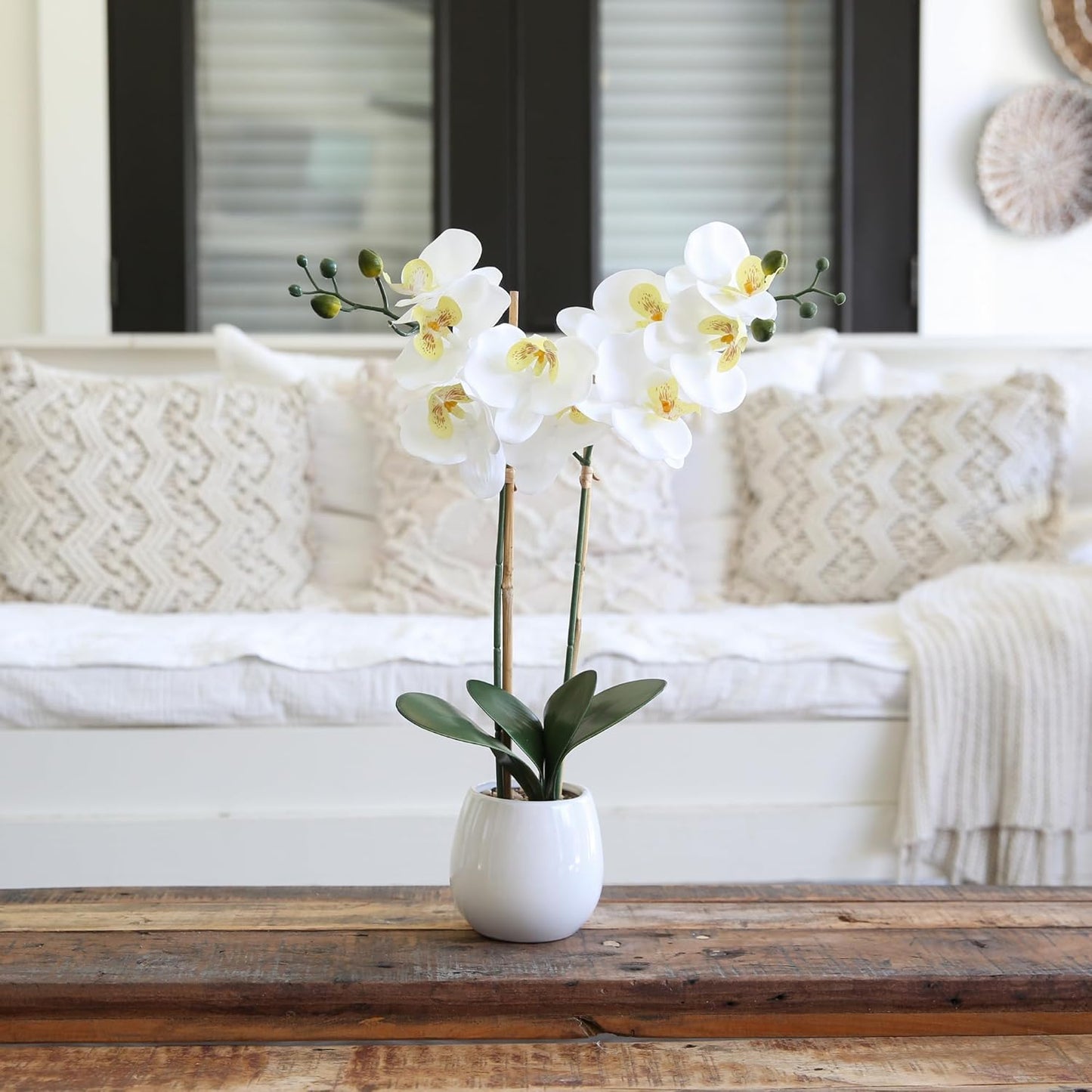 26in. Artificial Double Orchid Phalaenopsis with Decorative Vase (Real Touch)