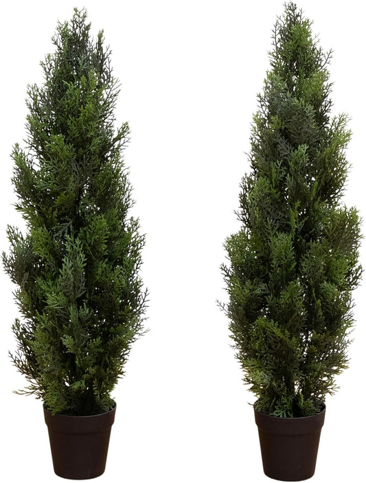Nearly Natural 3ft Cedar Pine Artificial Tree, UV Resistant, Realistic Cone-Shaped Greenery, Indoor/Outdoor Decor, Set of 2
