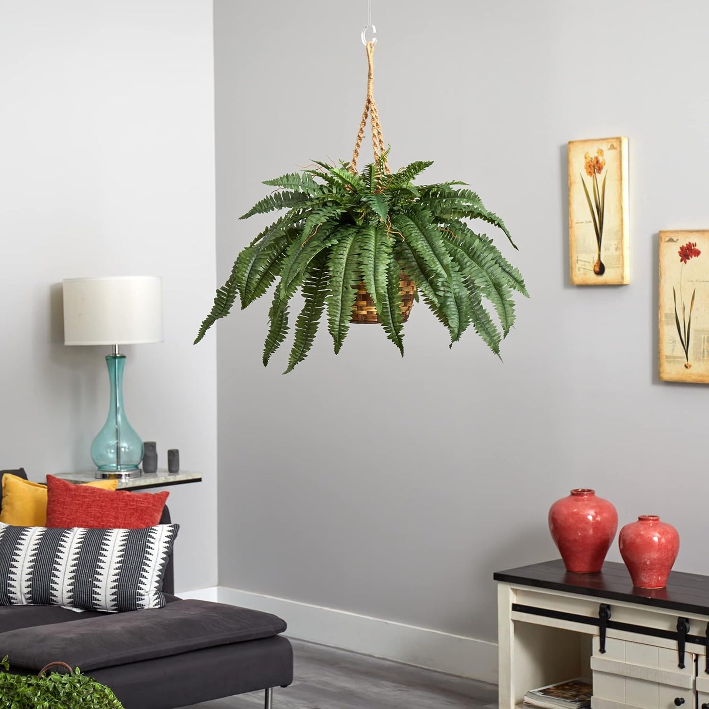 Nearly Natural 6774 22in. Large Boston Fern Hanging Basket,Green