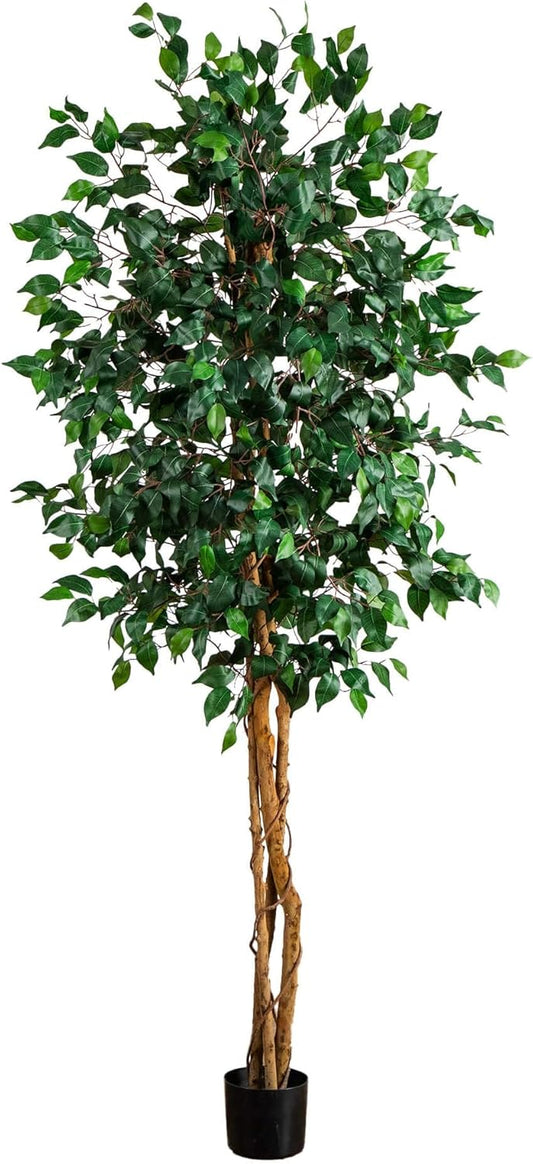 Nearly Natural 74-Inch Triple Trunk Artificial Ficus Tree with Natural Wood Trunks, Fake Tree for Indoor Home Décor, Faux Ficus Tree with Black Nurser No50