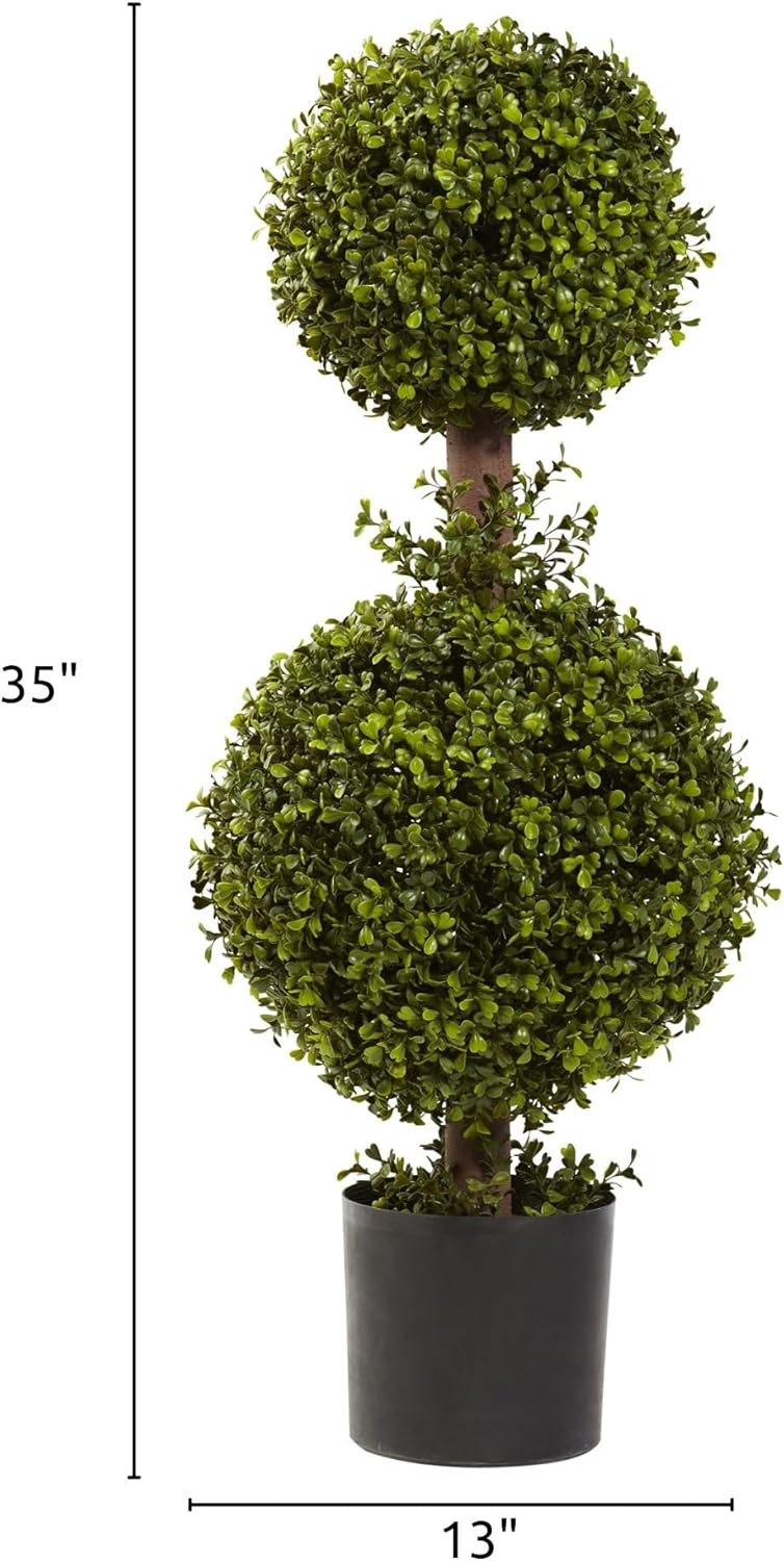 35IN Artificial Double Boxwood Topiary Ball Tree, Fake Topiary Plant for Indoor Home Décor in Black Nursery Planter