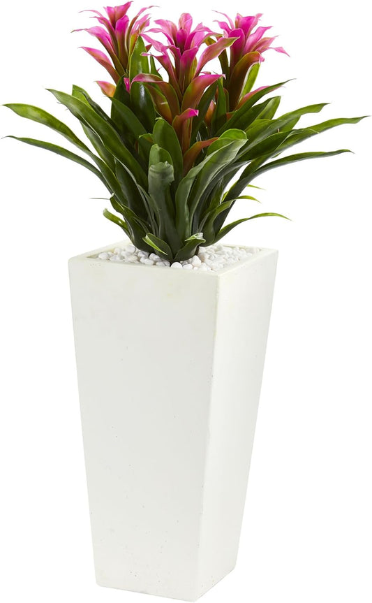 Nearly Natural Triple Bromeliad Artificial Plant in White Tower Planter