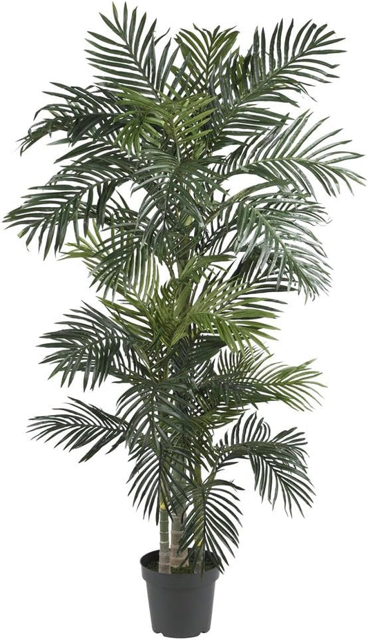 Nearly Natural 6.5FT Artificial Golden Cane Palm Tree, Fake Palm Tree with Three Realistic Trunks and 333 Lifelike Palm Leaves, Faux Palm Plant for In