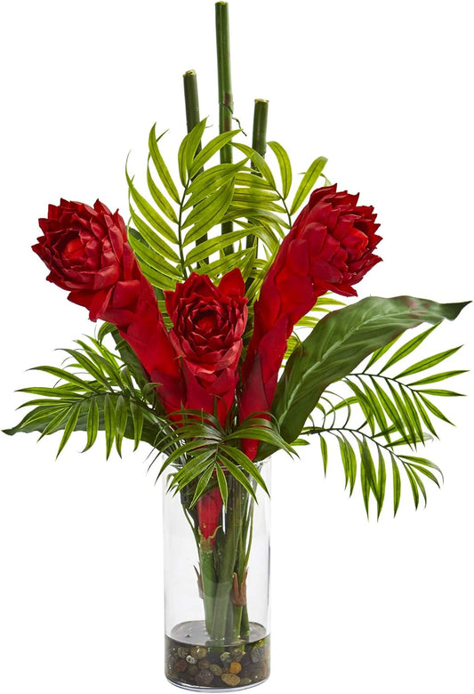 Ginger Torch Artificial Cylinder Vase Silk Arrangements, 12x12x21, Red
