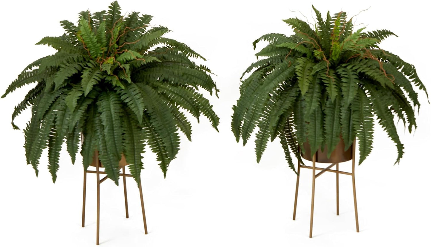 32in. Artificial Boston Fern Plant with Metal Planter with Stand DIY KIT (Set of 2)